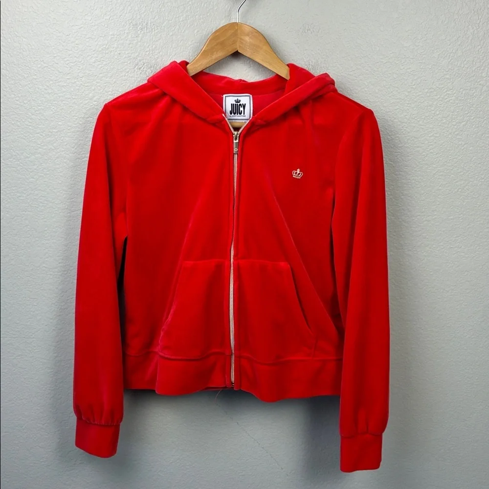 Juicy Couture SET Red Velour Zip Up Jacket Flare Pants Glittering Crown S Y2K - Picture 7 of 13